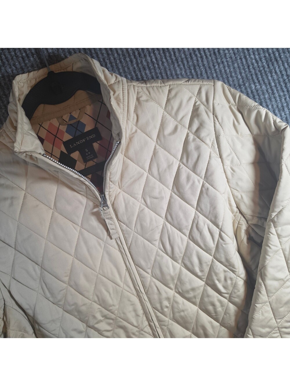 Lands End Womens S 6-8 Quilted Jacket Beige Argyle Lined Full Zip Preppy